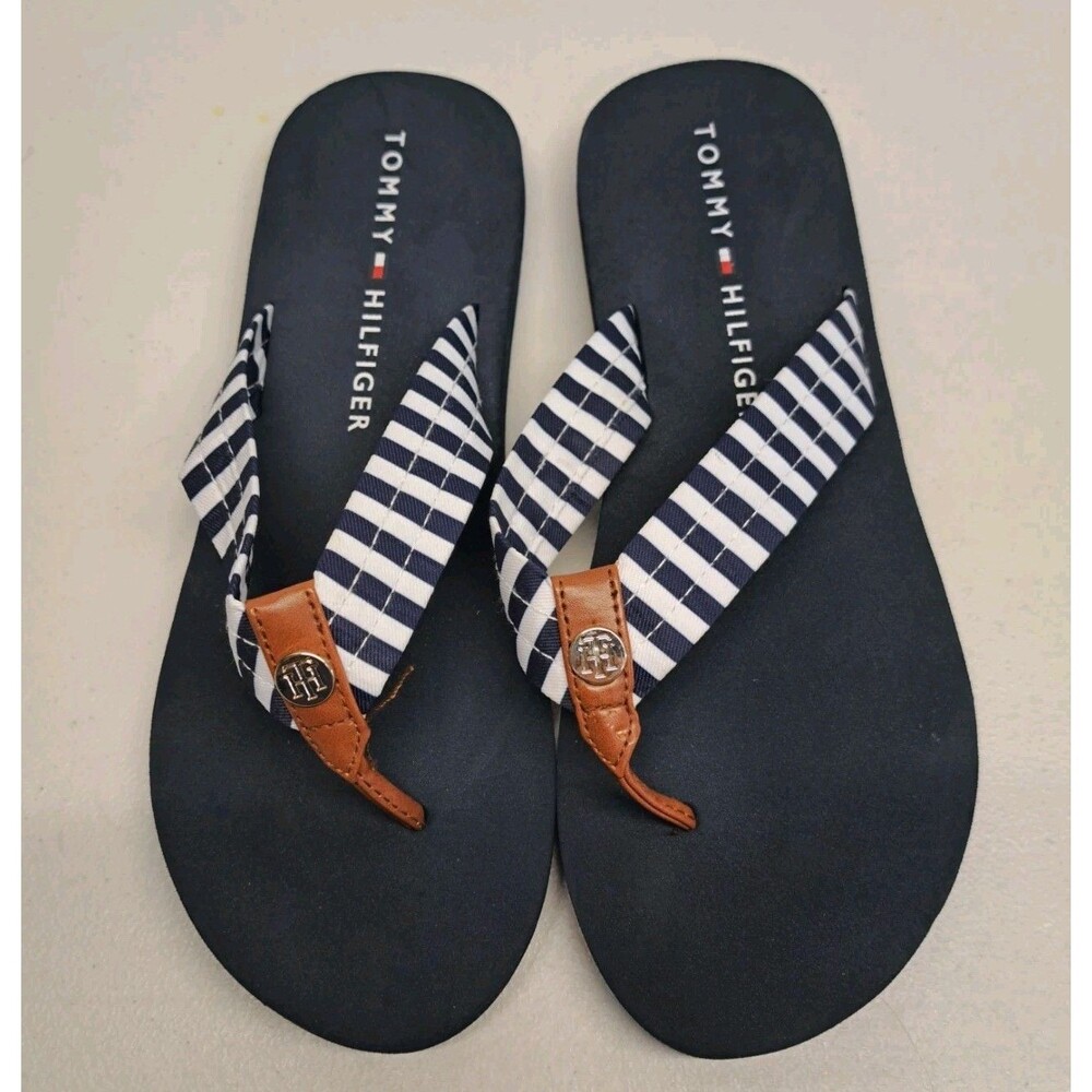 Tommy Hilfiger Women's 9 Flip Flop Sandal Blue & White Stripein